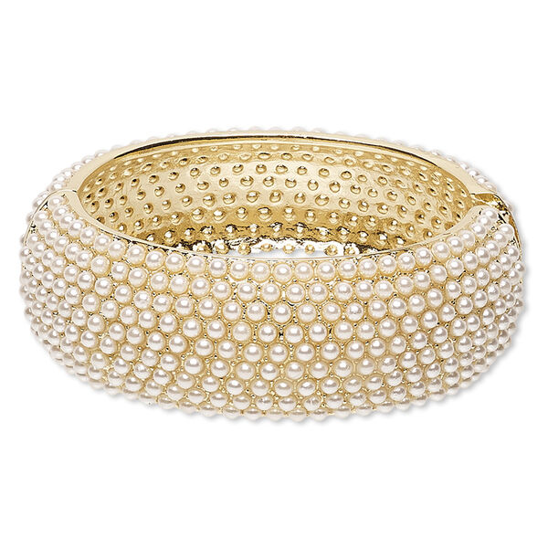 Bracelet, hinged bangle, acrylic with gold-finished steel and "pewter" (zinc-based alloy), white, 26mm wide, 7-1/2 inches with magnetic clasp. Sold individually. image number 0