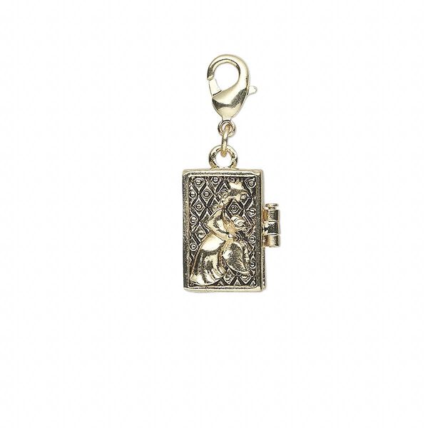 Drop, antique gold-finished "pewter" (zinc-based alloy), 18x12mm rectangular prayer box with angel design and magnetic closure with lobster claw clasp. Sold individually. image number 0