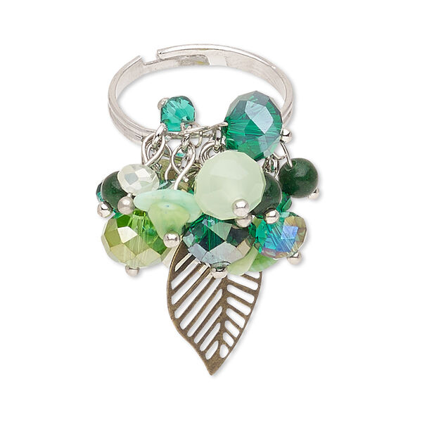 Ring, bamboo coral (dyed) / acrylic / glass / imitation rhodium- / antiqued brass-finished steel, green / teal green / yellow, 20mm wide, adjustable. Sold individually. image number 0