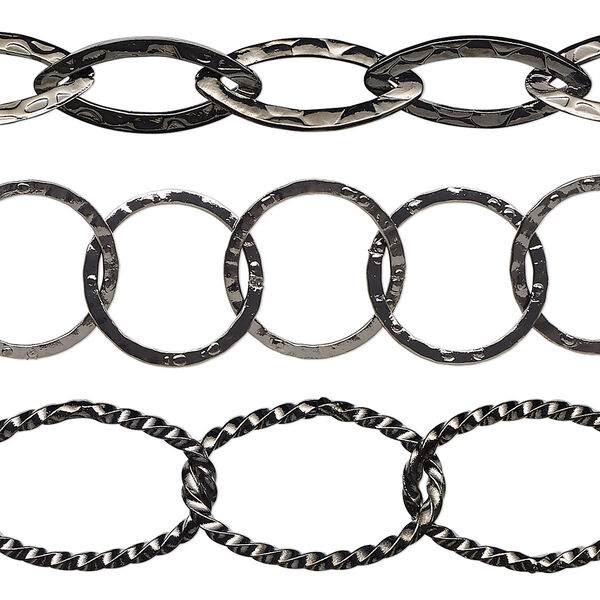 Chain, gunmetal-plated brass, 14mm hammered round / 18x8mm hammered marquise / 21x14mm twisted oval. Sold per pkg of (3) 8-inch sections. image number 0