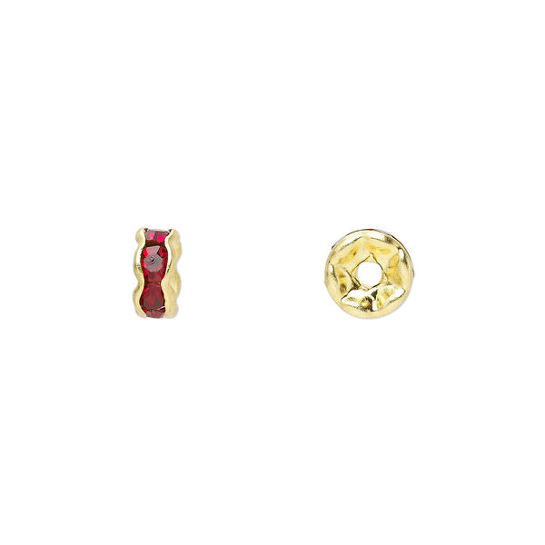 Bead, glass rhinestone and gold-finished brass, garnet red, 6x3mm rondelle. Sold per pkg of 10. image number 0