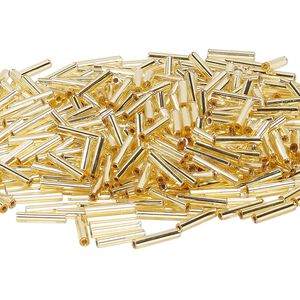 Bead, Miyuki, bugle bead, glass, pkg/250 g, 12x2.4mm center-drilled, silver-lined translucent gold, (RBU-0003).