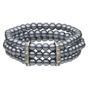 Bracelet, 3-strand stretch, acrylic pearl / glass rhinestone / silver-plated "pewter" (zinc-based alloy), grey and clear, 6mm round, 6-1/2 inches. Sold individually.