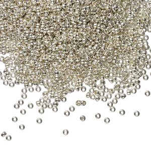 Seed bead, Miyuki, glass, pkg/35g, #15 rocaille, opaque galvanized silver, (RR-181).