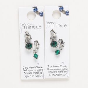 Drop, silver-finished "pewter" (zinc-based alloy) / steel / glass, green, 22x7mm single-sided and 24x9mm single-sided with lobster claw clasp. Sold per pkg of (2) 2-piece sets.