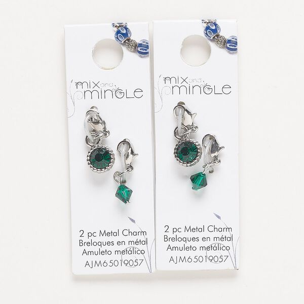 Drop, silver-finished "pewter" (zinc-based alloy) / steel / glass, green, 22x7mm single-sided and 24x9mm single-sided with lobster claw clasp. Sold per pkg of (2) 2-piece sets. image number 0