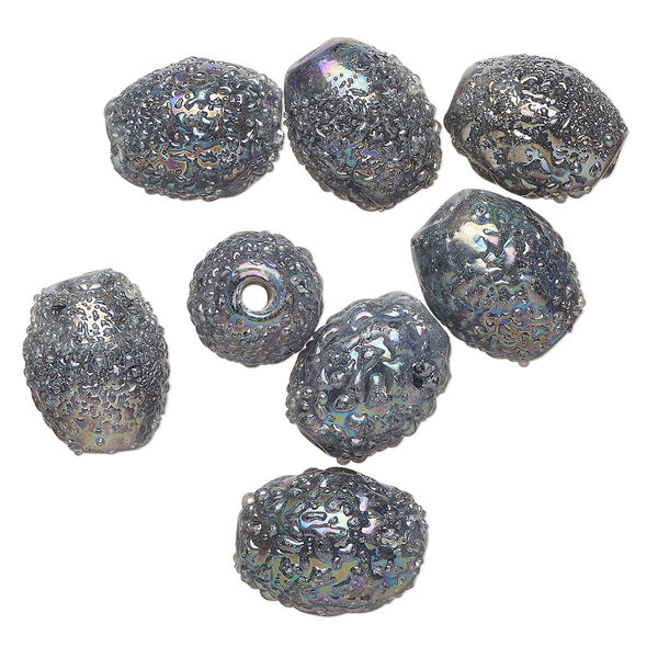 Bead, lampworked glass, opaque rainbow AB, 15x12mm textured oval. Sold per pkg of 8. image number 0