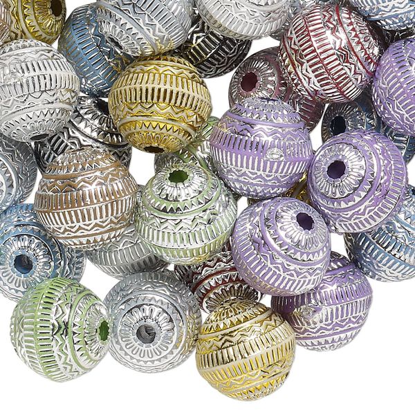 Bead mix, acrylic, mixed colors, 11mm round with line design, 2mm hole. Sold per pkg of 100. image number 0