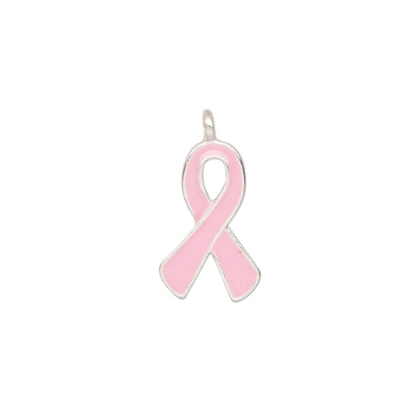 Charm, silver-finished enamel "pewter" (zinc-based alloy), pink, 17x11mm single-sided awareness ribbon. Sold per pkg of 12. image number 0