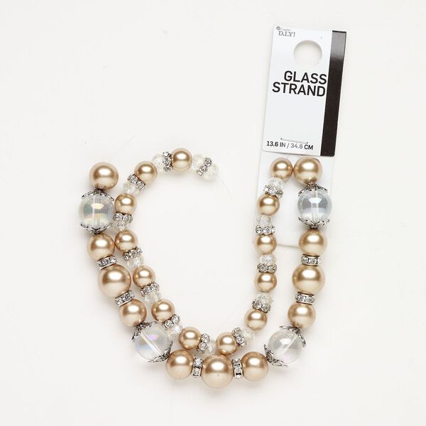Glass / "pewter" (zinc-based alloy) / glass rhinestone 1pkg1, mixed shapes bead / bead cap mix clear AB / gold/ antique silver-finished 13.5 inch mixed sizes image number 0