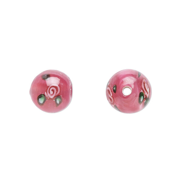 Bead, Czech lampworked glass, opaque pink and green, 8-9mm round with flower design. Sold per pkg of 6. image number 0