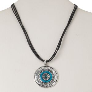 Necklace, antiqued silver-finished "pewter" (zinc-based alloy) and steel and/or brass / enamel / leather / Czech glass rhinestone, teal and black, 43mm flat round, 16 inches with lobster claw clasp and 3-1/2 inch extender chain. Sold individually.