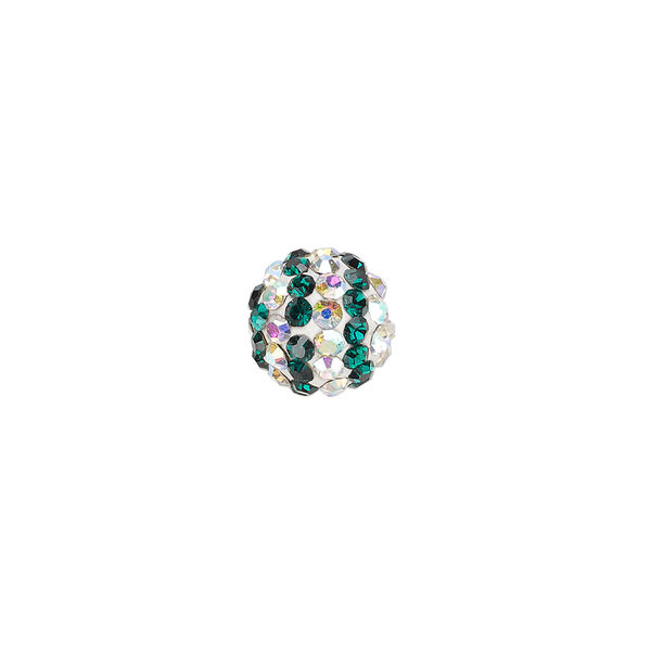 Bead, Egyptian glass rhinestone / epoxy / resin, white / dark green / clear AB, 10mm round with pav&eacute; striped design. Sold individually. image number 0