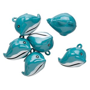 Bell, brass and enamel, blue / black / white, 24x15mm dolphin with clapper. Sold per pkg of 6.