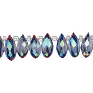 Bead, millefiori glass, marbled blue and white AB, 12x6mm top-drilled faceted teardrop. Sold per 6-inch strand, approximately 25 beads.