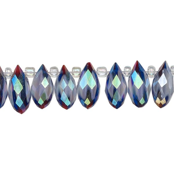 Bead, millefiori glass, marbled blue and white AB, 12x6mm top-drilled faceted teardrop. Sold per 6-inch strand, approximately 25 beads. image number 0
