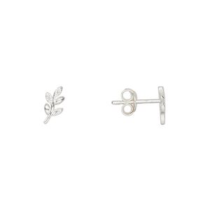 Earstud sterling silver / cubic zirconia 1pkg2, 9x4mm right- and left-facing leaf / earnuts included, Create Compliments® clear 1 pair