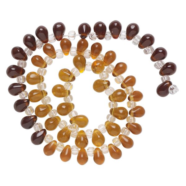 Bead, glass, transparent amber, brown and dark brown, 8x6mm top-drilled teardrop with irregular rondelles. Sold per 14-inch strand. image number 0