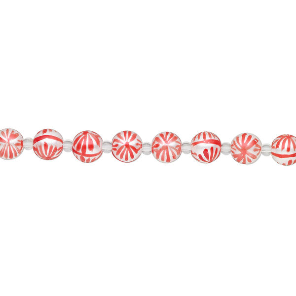 Bead, glass 1pkg8, opaque white and red, 12mm hand-painted round. image number 1