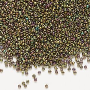 Seed bead, Miyuki, glass, pkg/35g, #15 rocaille, opaque matte metallic iris khaki patina (RR-2069).