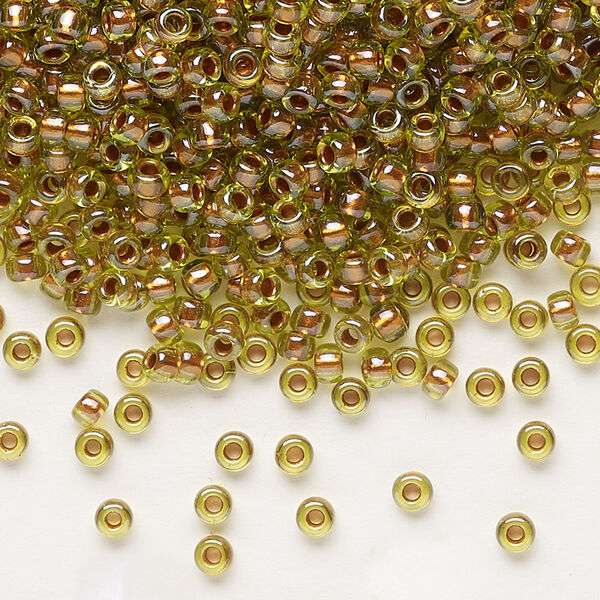 Seed bead, Miyuki, glass, pkg/250g, #8 rocaille, opaque copper pearl-lined chartreuse, (RR-3805). image number 0