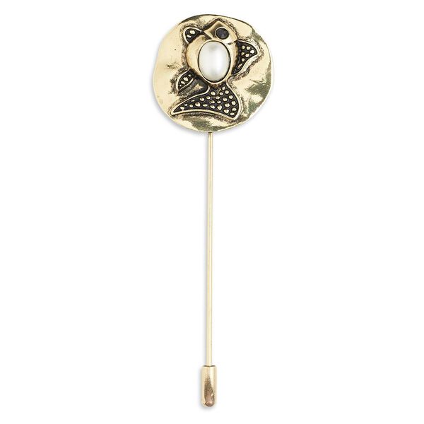 Brooch, antiqued gold-finished "pewter" (zinc-based alloy) and steel with resin, white, 4-1/8 inch wavy flat round with fish design. Sold individually. image number 0