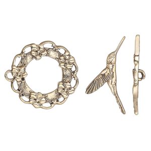 Clasp toggle 1pkg1 "pewter" (zinc alloy), 25mm wreath / hummingbird, antique gold-finished 1-strand
