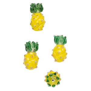 Bead, lampworked glass 1pkg4, opaque yellow / green / tan, 30x16mm 3D pineapple.