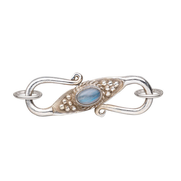 Clasp, S-hook, rainbow moonstone (natural) and antiqued sterling silver, 30x11mm cabochon. Sold individually. image number 0