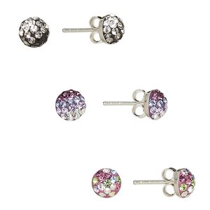 Earstud, Preciosa Czech glass rhinestone / epoxy / sterling silver, assorted colors, 6mm round with post. Sold per pkg of 3 pairs.