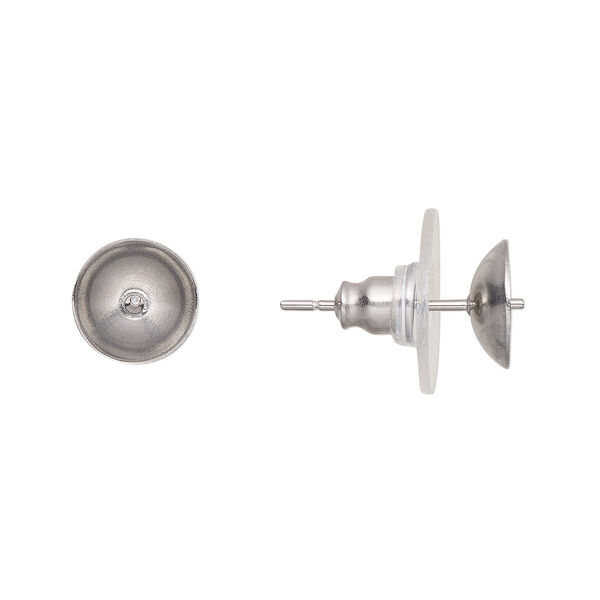 Earstud, stainless steel / acrylic / rubber, clear, 8mm cup with 2.5mm peg, fits 10-12mm half-drilled bead. Sold per pkg of 10 pairs. image number 0