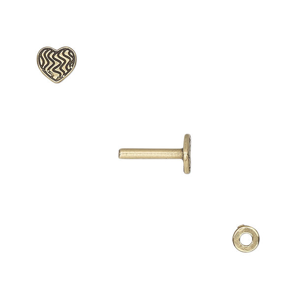Washer and brad, antiqued brass, 4x0.7mm and 10x6mm with 6x5mm heart with line design and 1.5mm post. Sold per pkg of (2) 2-piece sets. image number 0