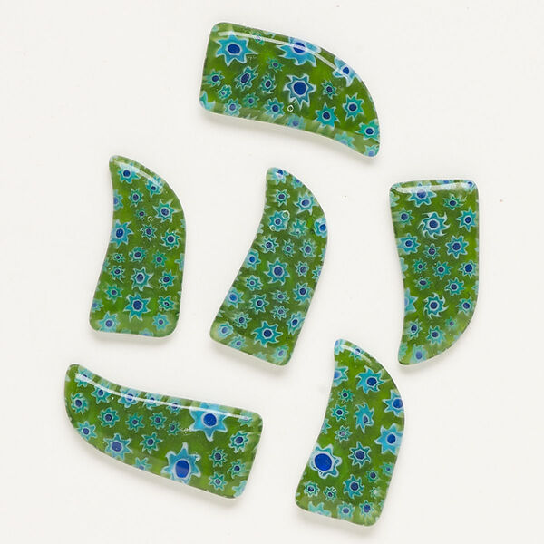 Component, millefiori glass, translucent green / cobalt blue / white, 24x12mm-29x14mm undrilled talon. Sold per pkg of 6. image number 0