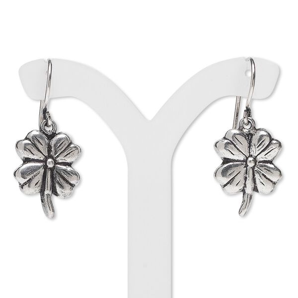 Earring, antiqued sterling silver, 16x13mm four-leaf clover with fishhook ear wire. Sold per pair. image number 0
