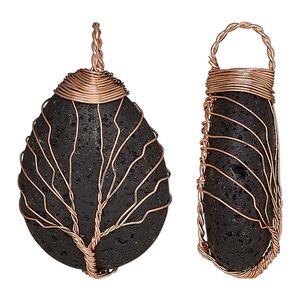 Lava rock / brass 1pkg1, copper-plated 1-sided puffed teardrop / tree of life pendant 42x31mm-49x31mm