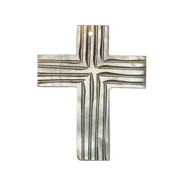 Focal, black lip shell (natural), 31x26mm hand-cut single-sided carved cross, Mohs hardness 3-1/2. Sold individually. image number 0