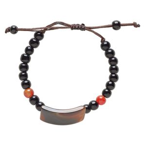Red agate / glass / waxed cotton 1pkg1, curved rectangle bracelet adjustable 5-7.5 inch 14mm
