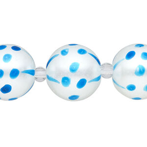 Bead, glass 1pkg8, opaque turquoise blue and white, 16mm hand-painted round.