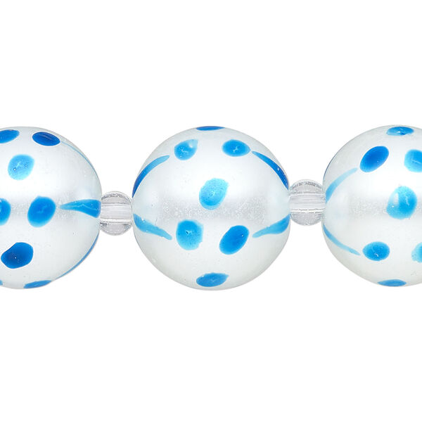 Bead, glass 1pkg8, opaque turquoise blue and white, 16mm hand-painted round. image number 0