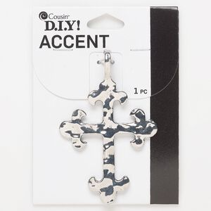 Pendant, antique silver-finished "pewter" (zinc-based alloy), 3 x 1-3/4 inch double-sided hammered cross. Sold individually.