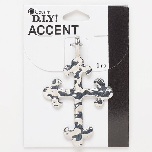 Pendant, antique silver-finished "pewter" (zinc-based alloy), 3 x 1-3/4 inch double-sided hammered cross. Sold individually. image number 0