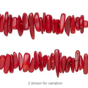 Bead, bamboo coral (dyed), red, large to extra-large hand-cut chip, Mohs hardness 3-1/2 to 4. Sold per 15-1/2" to 16" strand.