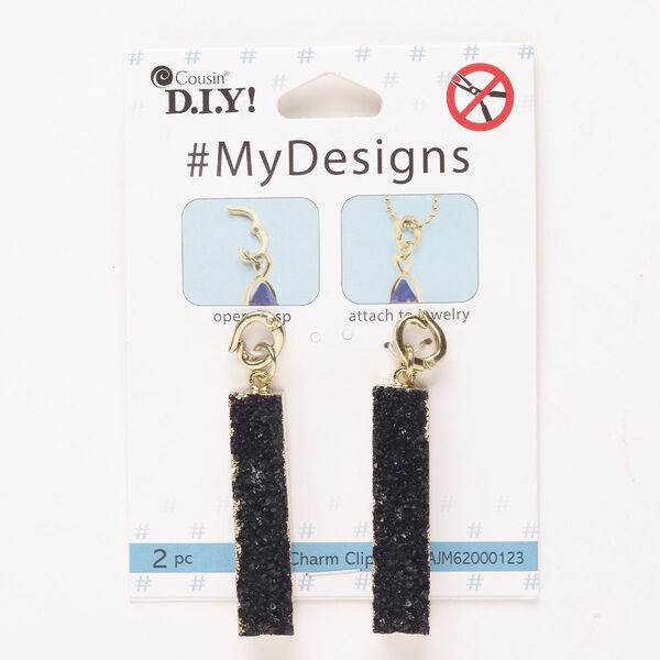 Focal, steel / brass / druzy agate (dyed), pkg/2, gold finish and black, 41x9mm-42x10mm rectangle with snap lock bail. image number 0