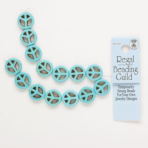 Bead, "turquoise" (resin) (imitation), opaque blue, 15mm peace sign. Sold per pkg of 14.