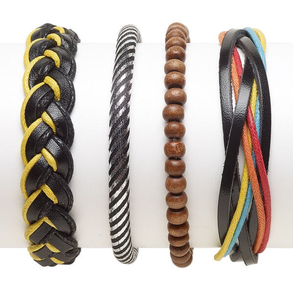 Bracelet mix, Everyday Jewelry, leather (dyed) / faux leather (dyed) / nylon / waxed cotton cord / resin, multicolored, 5-14mm wide, 7-8 inches. Sold per pkg of 4. image number 0