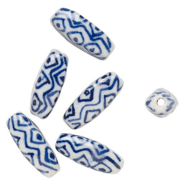 Bead, porcelain, blue and white, 18x9mm-19x10mm 4-sided tube with diamond design. Sold per pkg of 6. image number 0