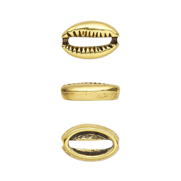 Component, antique gold-finished pewter (tin-based alloy), 12x8mm two-sided cowrie. Sold per pkg of 20. image number 0