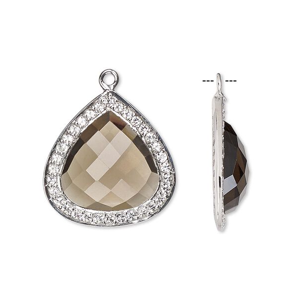 Drop, smoky quartz (heated / irradiated) / white topaz (natural) / sterling silver, 20x20mm single-sided faceted teardrop. Sold individually. image number 0