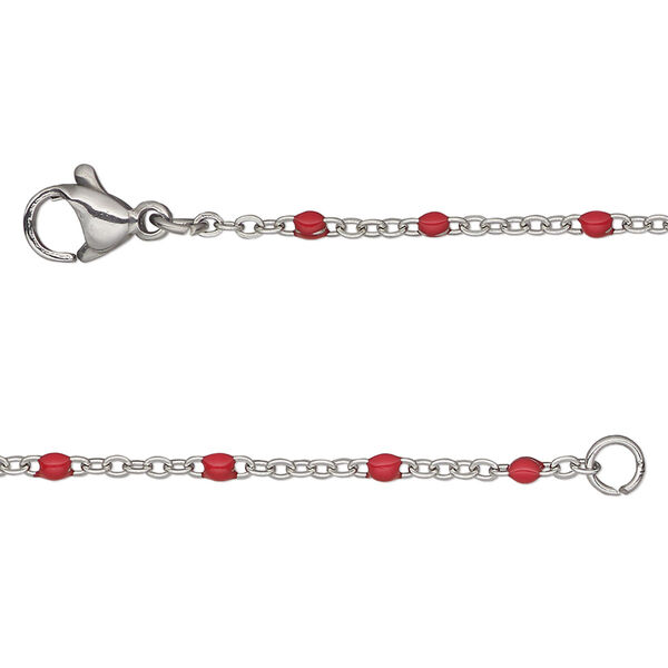 Chain, stainless steel and enamel, red, 1.7mm flat cable with 2mm ball, 16 inches with lobster claw clasp. Sold individually. image number 0
