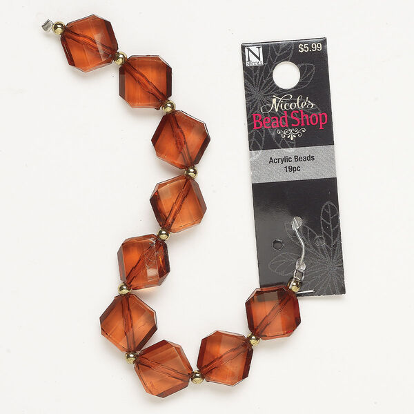 Bead assortment, steel and acrylic, pkg/19, gold finish and amber, 17x16mm diamond and 4mm round. image number 0